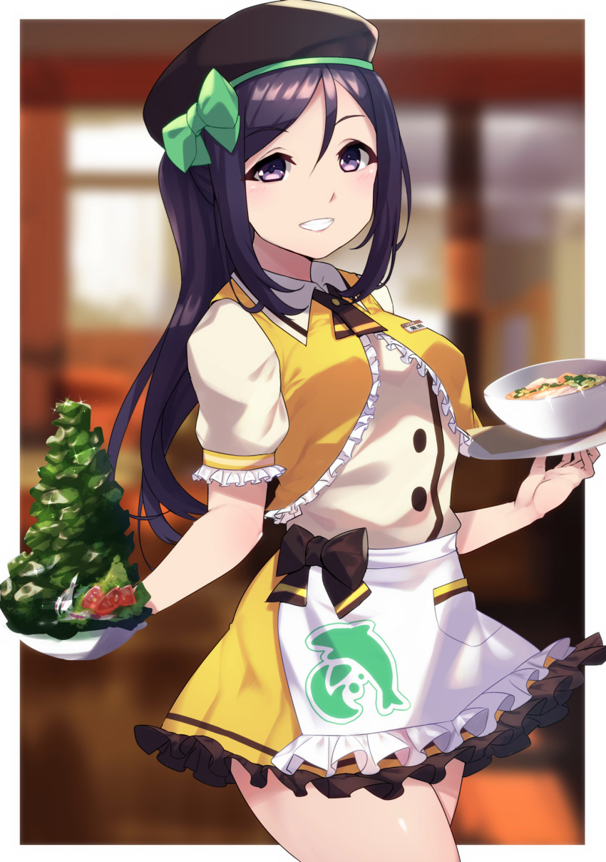 1girl apron beret black_bow black_hat black_neckwear blue_hair blurry blurry_background bow bowl coco's cowboy_shot dolphin_print food_request frilled_skirt frilled_sleeves frilled_vest frills green_bow grin hat hat_bow highres holding holding_bowl holding_tray long_hair looking_at_viewer love_live! love_live!_sunshine!! matsuura_kanan miniskirt name_tag neck_ribbon pocket ponytail print_apron restaurant ribbon short_sleeves skirt smile solo tray vest violet_eyes waist_apron waitress white_apron yamaori_(yamaorimon) yellow_skirt yellow_vest