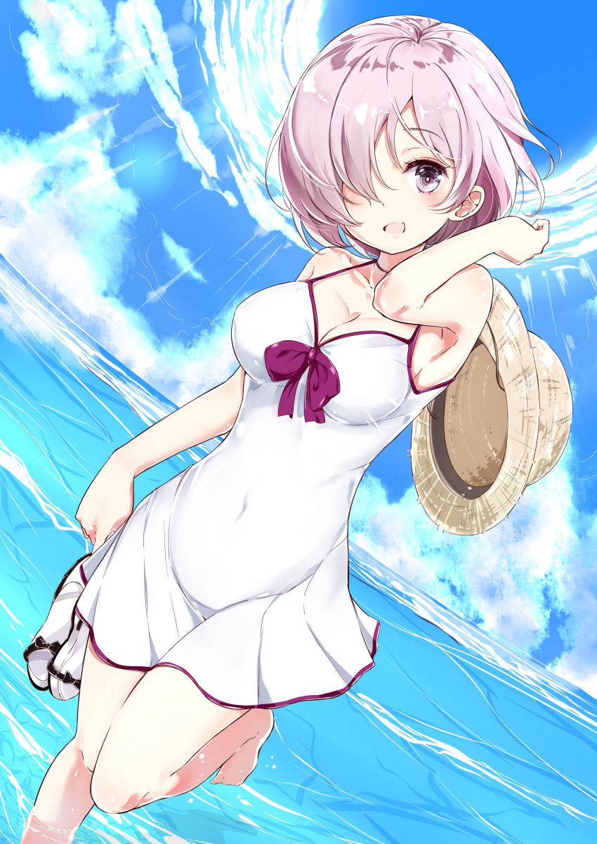 1girl absurdres blush breasts cleavage collarbone covered_navel day dress dutch_angle erect_nipples fate/grand_order fate_(series) hair_over_one_eye hand_in_hair hat highres holding holding_shoes kengorou_saemon_ii_sei large_breasts leg_up open_mouth pink_hair sandals shielder_(fate/grand_order) shoes short_hair sleeveless sleeveless_dress solo violet_eyes white_dress