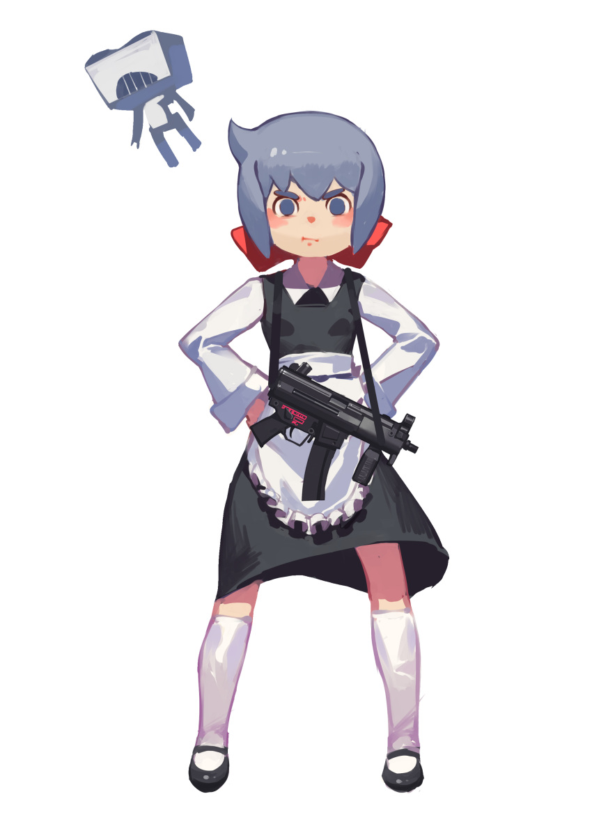 1girl :i absurdres alternate_costume black_soldier blue_eyes blue_hair bow constanze_amalie_von_braunschbank-albrechtsberger enmaided gun h&amp;k_mp5k hair_bow hands_on_hips heckler_&amp;_koch highres kneehighs little_witch_academia maid robot short_hair solid_circle_eyes stanbot_(little_witch_academia) strap submachine_gun weapon white_background