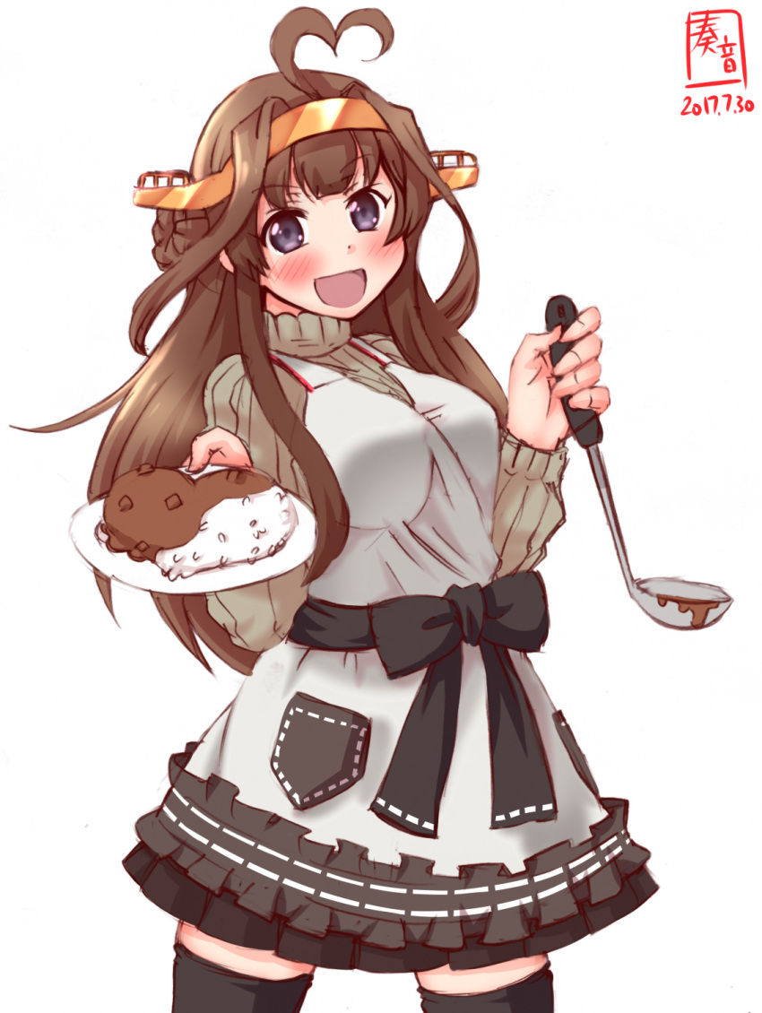 1girl :d ahoge alternate_costume apron blush brown_hair commentary_request curry curry_rice double_bun food grey_eyes hairband heart-shaped_food heart_ahoge highres holding kanon_(kurogane_knights) kantai_collection kongou_(kantai_collection) ladle long_hair looking_at_viewer open_mouth plate pleated_skirt ribbed_sweater rice sketch skirt smile solo sweater thigh-highs zettai_ryouiki