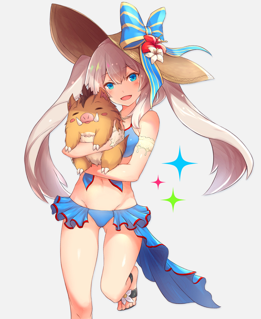 1girl animal blue_bow blue_eyes blue_ribbon blush boar bow collarbone eyebrows_visible_through_hair fate/grand_order fate_(series) flip-flops hat hat_bow highres holding holding_animal jewelry long_hair looking_at_viewer marie_antoinette_(fate/grand_order) navel necklace parted_lips ribbon sandals silver_hair smile tgh326 twintails