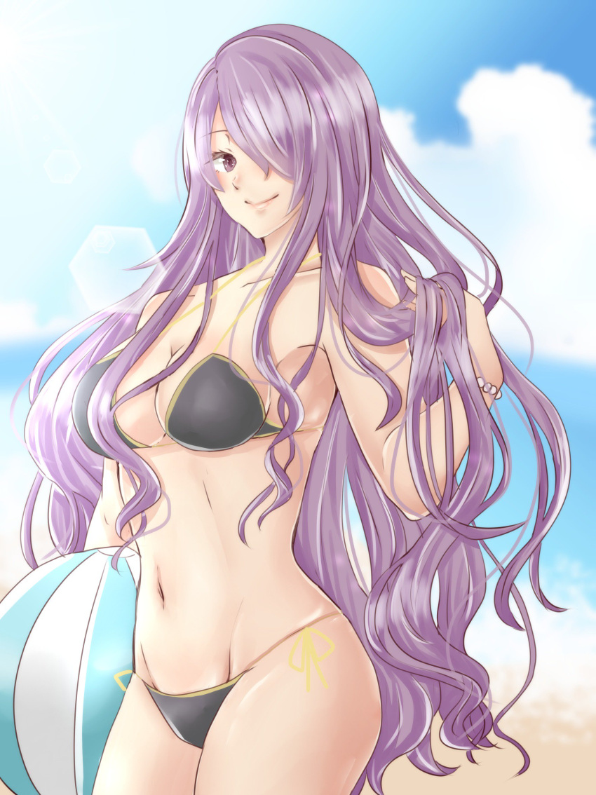 1girl ball beach beachball bikini blue_sky breasts camilla_(fire_emblem_if) cute fire_emblem fire_emblem_if hair_over_one_eye highres intelligent_systems large_breasts long_hair looking_at_viewer nintendo outdoors purple_hair sky smile solo sun swimsuit volleyball