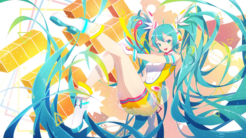 1girl absurdly_long_hair blue_eyes blue_hair blush boots breasts eyebrows_visible_through_hair hatsune_miku high_heel_boots high_heels highres large_breasts lengchan_(fu626878068) long_hair looking_at_viewer open_mouth smile teeth twintails very_long_hair vocaloid white_boots