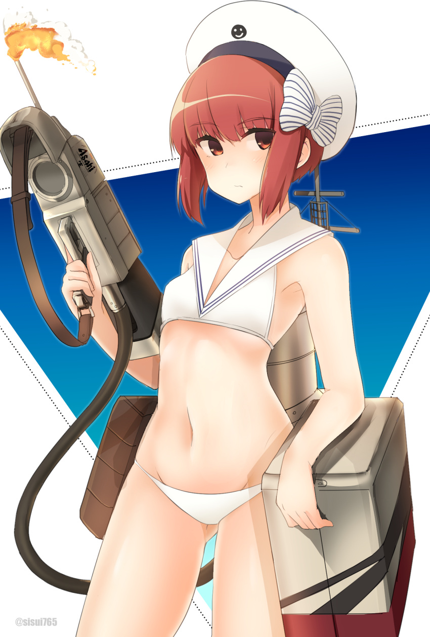 1girl auburn_hair bikini brown_eyes brown_hair clothes_writing cowboy_shot flamethrower hat highres kantai_collection mizuki_yayoi sailor_bikini sailor_collar sailor_hat short_hair swimsuit weapon white_bikini white_hat white_sailor_collar z3_max_schultz_(kantai_collection)