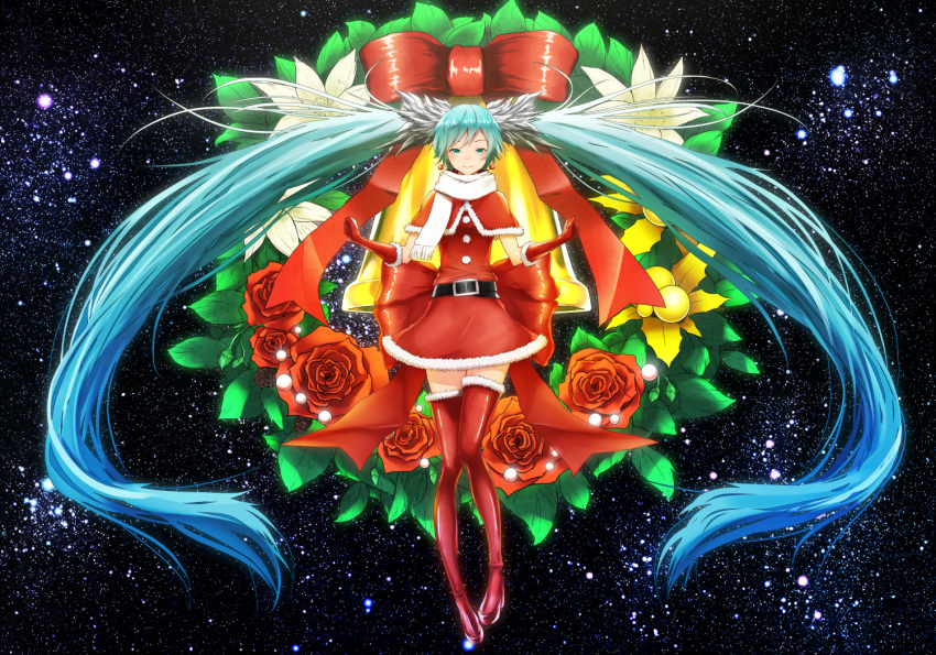 absurdly_long_hair aqua_eyes aqua_hair black_belt boots christmas commentary dress earrings floating_hair flower flower_request full_body gloves hatsune_miku jewelry long_hair looking_at_viewer red_boots red_dress red_gloves red_ribbon red_skirt ribbon rose santa_costume scarf skirt sky space star_(sky) starry_sky sugi_214 thigh-highs thigh_boots twintails very_long_hair vocaloid white_scarf