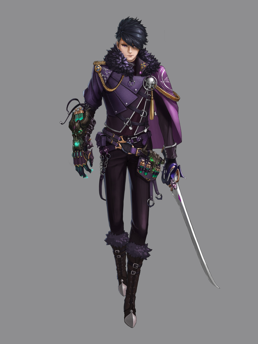 absurdres androgynous asymmetrical_clothes asymmetrical_hair belt black_hair black_pants boots brown_boots cape chains earrings full_body fur_trim gauntlets grey_background highres jewelry kit_park looking_at_viewer necromancer o-ring original pants pendant pouch purple_cape solo standing sword test_tube violet_eyes weapon