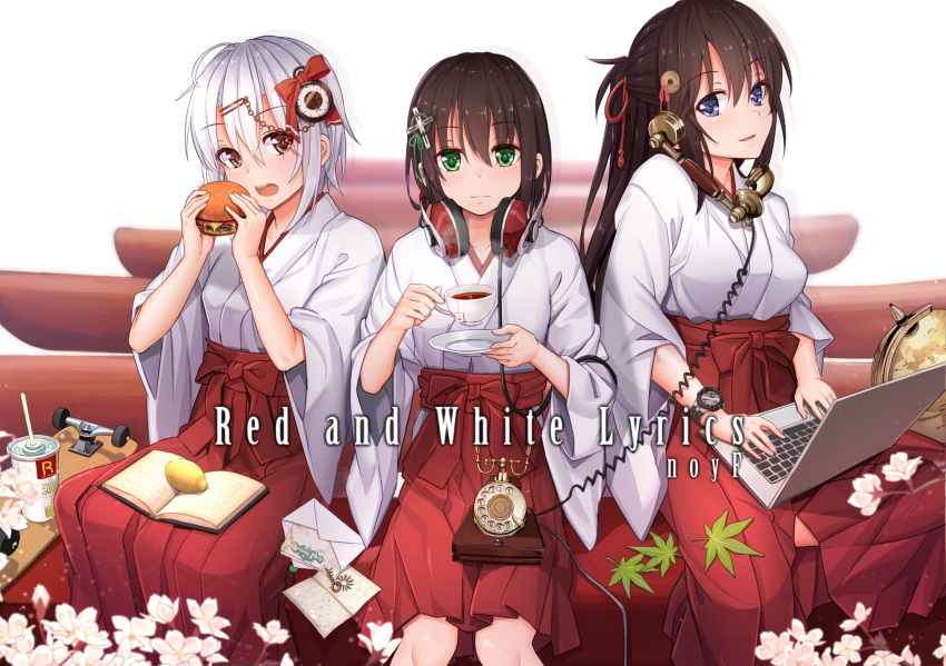 3girls :d artist_name bangs blush book breasts brown_eyes brown_hair closed_mouth computer cup eating eyebrows_visible_through_hair food fruit green_eyes hair_between_eyes hair_ornament hakama hakama_skirt half_updo hamburger headphones headphones_around_neck highres holding holding_cup holding_food japanese_clothes laptop lemon light_smile long_hair looking_at_viewer medium_breasts miko multiple_girls open_book open_mouth original parted_lips phone pleated_skirt ponytail red_skirt saucer short_hair_with_long_locks shuutou_haruka sidelocks sitting skateboard skirt smile teacup violet_eyes white_hair wide_sleeves