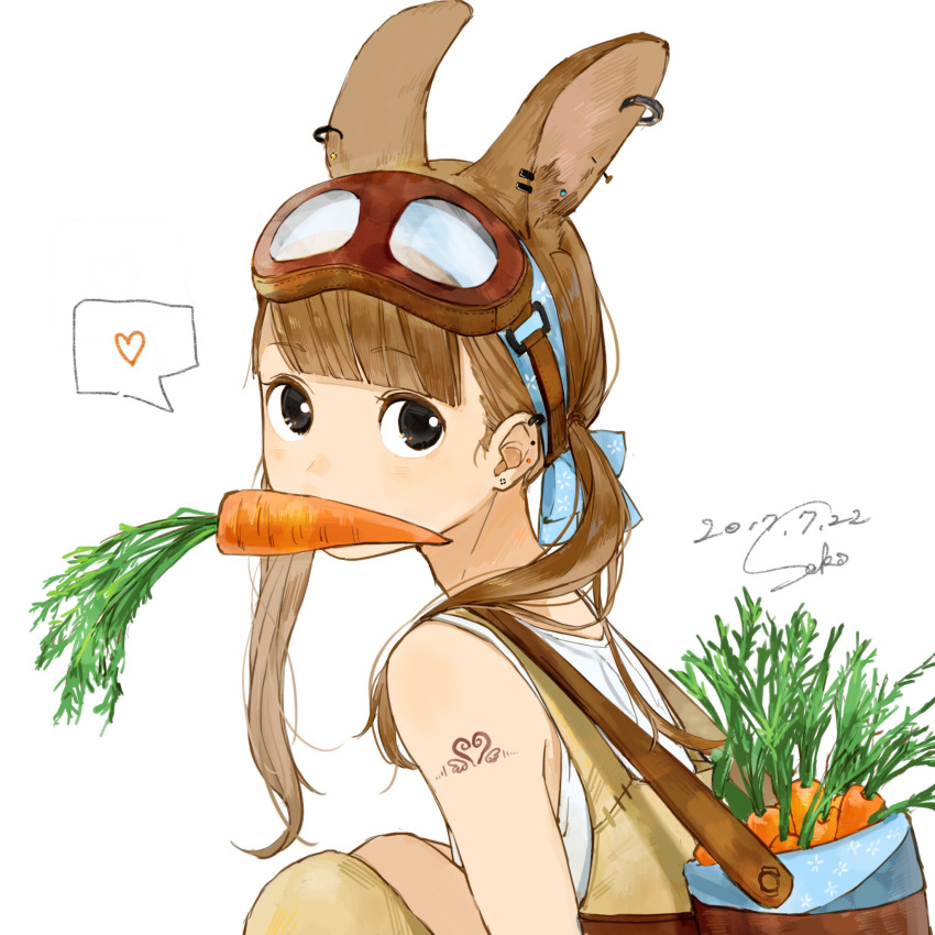 1girl animal_ears artist_name bag bangs black_eyes blonde_hair blunt_bangs carrot commentary_request dated ear_piercing earrings eyebrows_visible_through_hair from_side goggles goggles_on_head hairband heart highres jewelry knees_up long_hair looking_at_viewer mouth_hold original piercing rabbit_ears sako_(user_ndpz5754) shoulder_bag signature simple_background sleeveless solo spoken_heart squatting tattoo twintails white_background