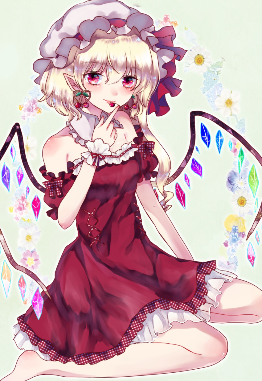 1girl :p alternate_costume barefoot blonde_hair blue_background cherry cherry_earrings detached_collar detached_sleeves dress earrings eyelashes finger_to_face flandre_scarlet floral_background food food_themed_earrings fruit full_body ginzuki_ringo hat hat_ribbon heart heart_earrings highres jewelry looking_at_viewer mob_cap petticoat pointy_ears red_dress red_eyes ribbon short_hair side_ponytail sitting solo strapless strapless_dress tongue tongue_out touhou wings wrist_cuffs yokozuwari