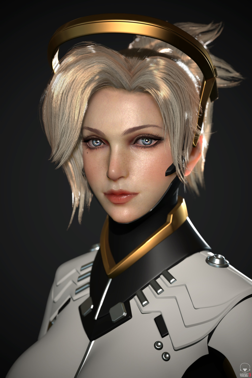 1girl 3d absurdres blonde_hair blue_eyes bodysuit closed_mouth eyelashes eyeliner face gradient gradient_background grey_background gyu_bin_yun high_ponytail highres lips looking_at_viewer makeup mechanical_halo mercy_(overwatch) nose overwatch photorealistic portrait short_hair solo watermark white_bodysuit