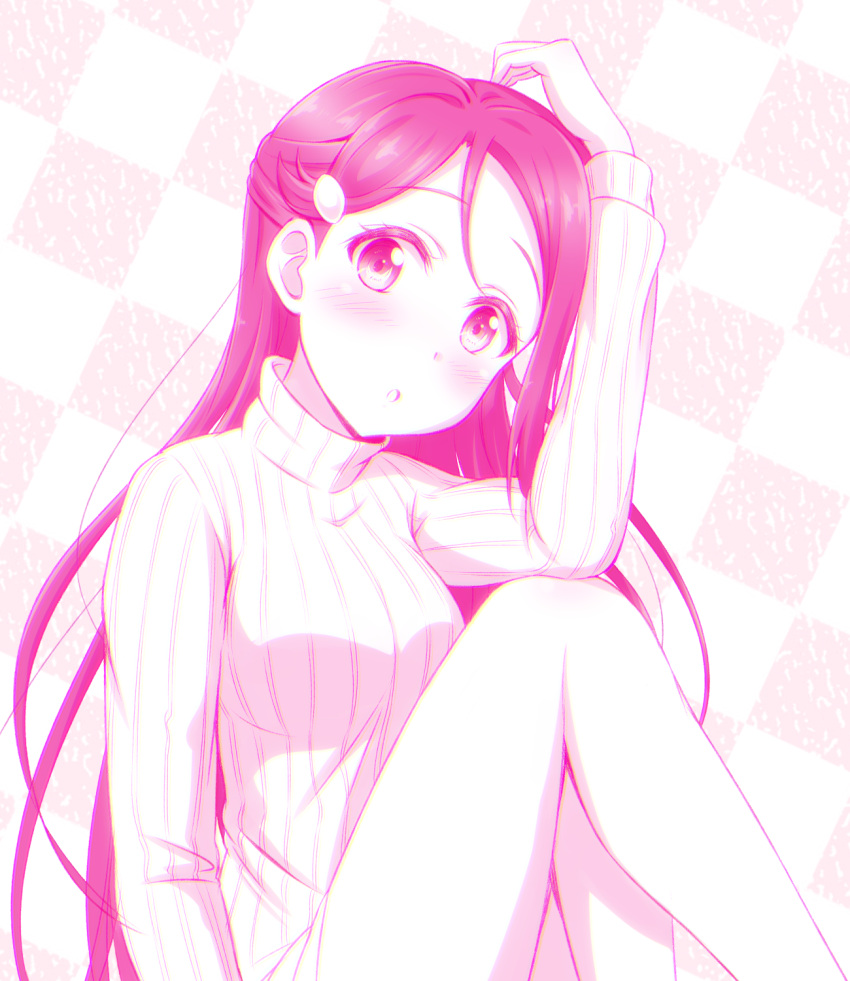 10s 1girl :o bare_legs blush ckst dress elbow_on_knee hair_ornament hairclip hand_on_head highres long_hair long_sleeves looking_at_viewer love_live! love_live!_sunshine!! monochrome pink ribbed_sweater sakurauchi_riko sitting solo sweater sweater_dress turtleneck turtleneck_sweater