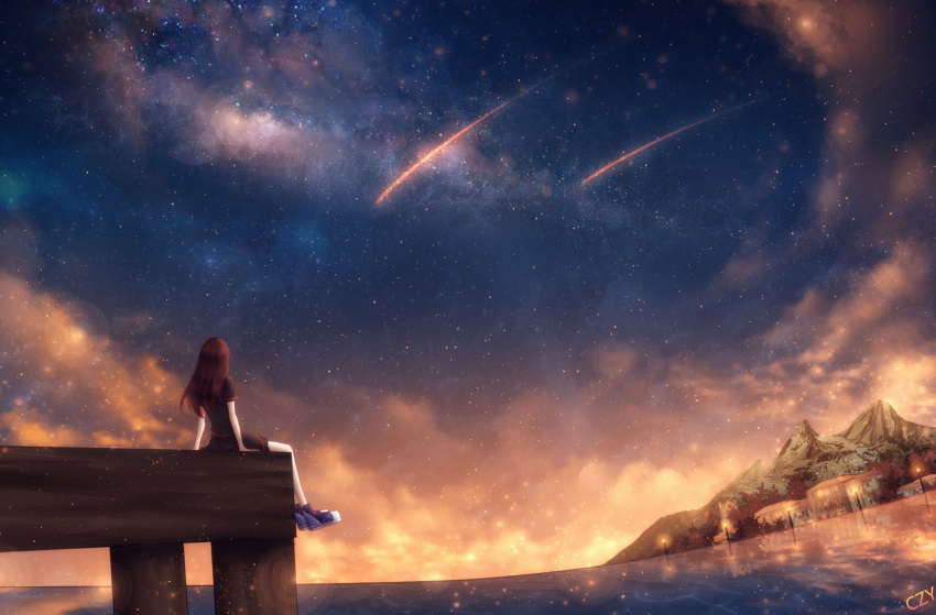 1girl artist_name black_skirt brown_hair czy_(2894456992) from_behind highres lamppost long_hair mountain original scenery shooting_star sitting skirt sky solo star_(sky) starry_sky
