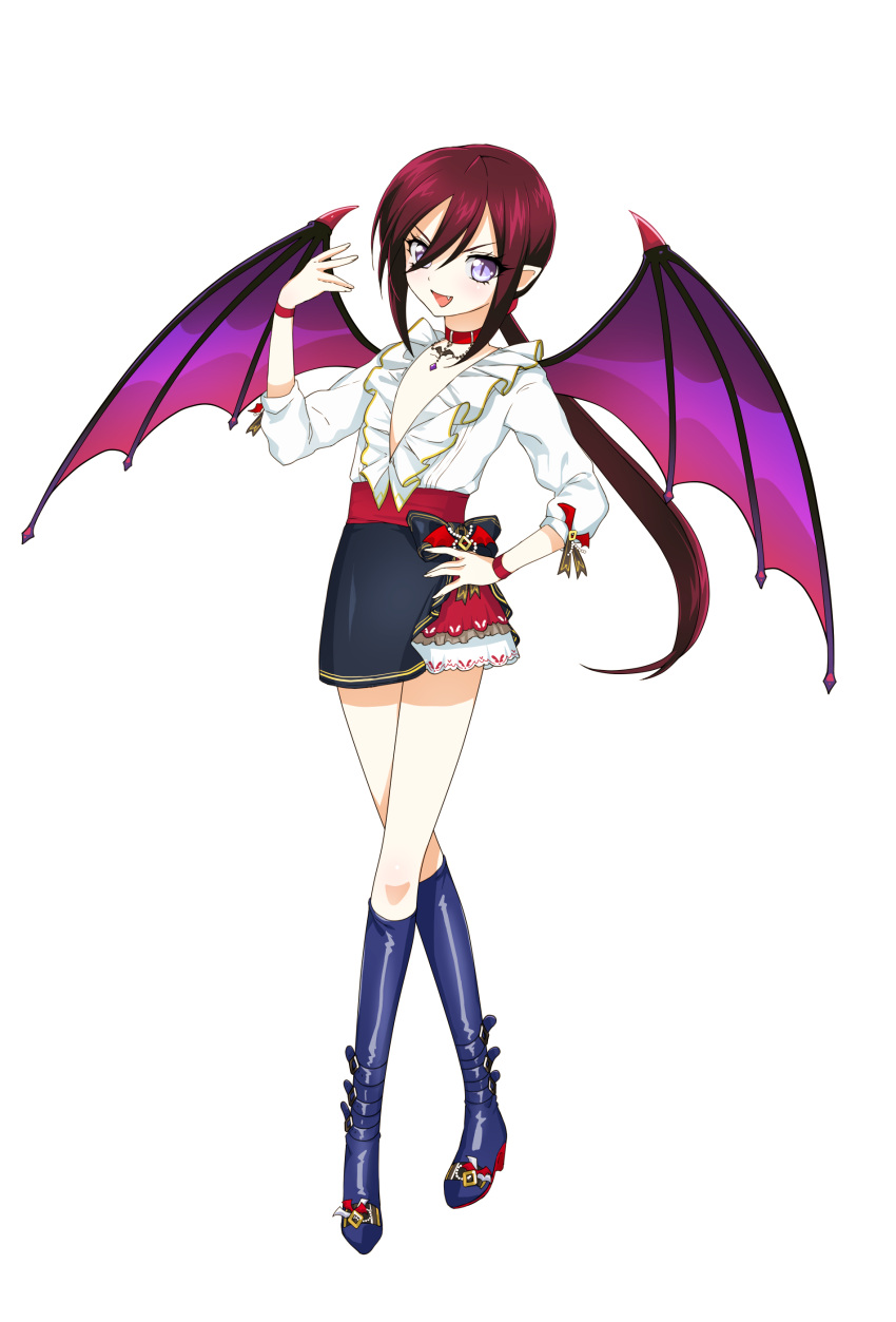 &gt;:d 1girl :d absurdres bare_legs bat_ornament bat_wings blouse blue_boots blue_eyes boots commentary_request fang flat_chest hand_on_hip hand_up high_heel_boots high_heels highres jewelry knee_boots lady_bat long_hair looking_at_viewer mermaid_melody_pichi_pichi_pitch miniskirt necklace no_bra open_mouth pointy_ears ponytail purple_wings redhead simple_background skirt slit_pupils smile solo standing very_long_hair white_background wings wntame wristband