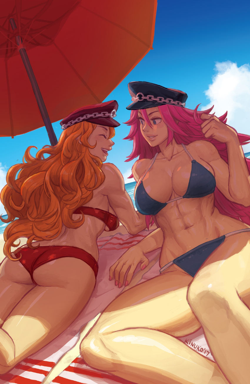 2girls abs absurdres ass beach beach_towel beach_umbrella bikini blue_bikini blue_eyes blue_sky breasts dutch_angle final_fight hat highres large_breasts long_hair lying mariel_cartwright multiple_girls ocean on_stomach orange_hair peaked_cap pink_hair poison_(final_fight) reclining red_bikini roxy shade shiny shiny_skin sky strapless swimsuit toned towel tubetop umbrella under_boob