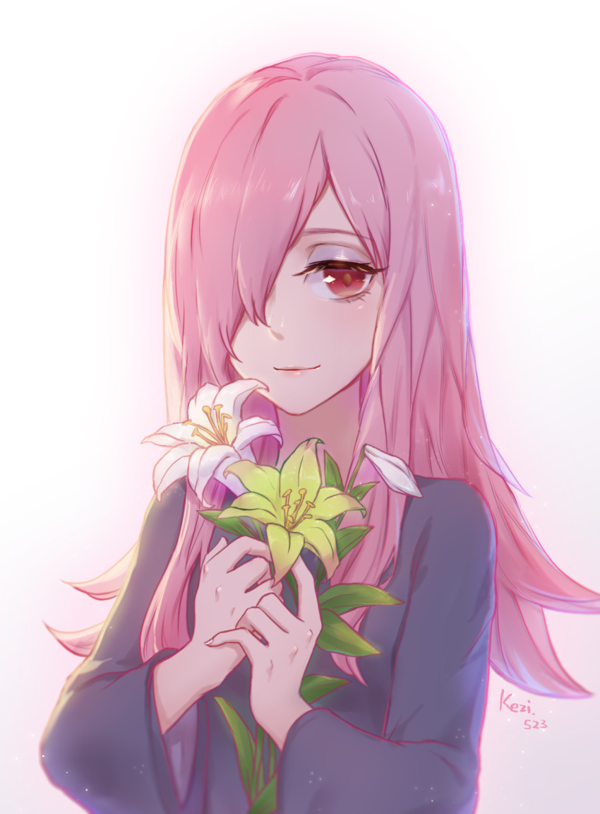 1girl dress flower hair_over_one_eye highres kezi little_witch_academia long_hair looking_at_viewer pink_hair purple_hair red_eyes simple_background smile solo sucy_manbavaran witch