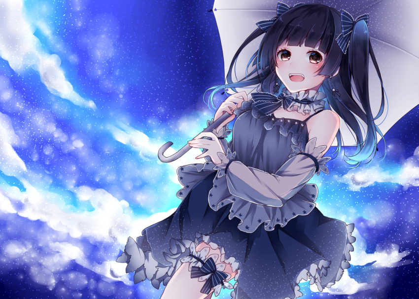 1girl black_bow black_hair blush bow character_request earrings hair_bow holding holding_umbrella jewelry looking_at_viewer medium_hair miracle_nikki nanase_eka open_mouth smile solo teeth thigh-highs twintails umbrella white_legwear