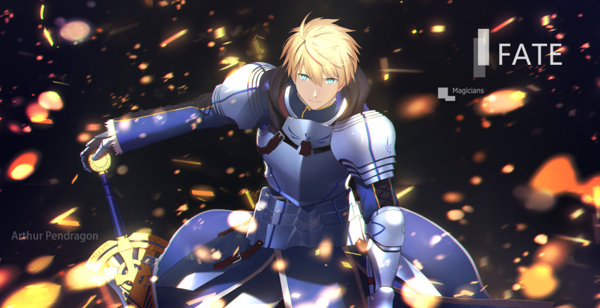 1boy ahoge armor artist_name black_background blonde_hair blue_eyes breastplate character_name closed_mouth excalibur_(fate/prototype) fate/grand_order fate/prototype fate_(series) gauntlets green_eyes hair_between_eyes highres holding holding_sword holding_weapon hood long_sleeves looking_at_viewer magicians_(zhkahogigzkh) male_focus pauldrons saber_(fate/prototype) serious short_hair simple_background solo sparks spiky_hair standing sword upper_body weapon