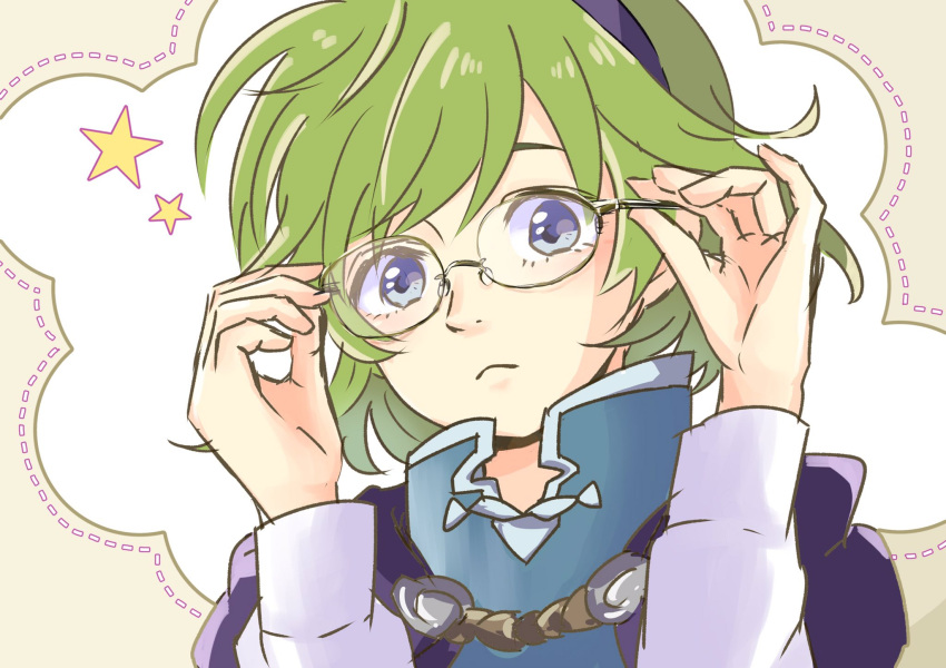 artist_request blue_eyes cape collar fire_emblem fire_emblem:_rekka_no_ken fire_emblem_heroes frown glasses green_hair headband highres looking_at_viewer nino_(fire_emblem) star tagme