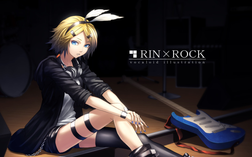 1girl bangs blonde_hair blue_eyes blue_nails bow chains character_name commentary_request dark_background guitar hair_bow hair_ornament hairpin hands_on_own_knee headphones headphones_around_neck highres instrument jacket kagamine_rin legband legs looking_at_viewer nail nail_polish parted_bangs short_hair short_shorts shorts sitting solo sugi_214 vocaloid