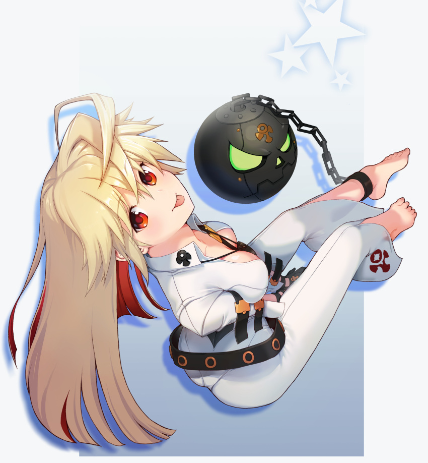 1girl :p absurdres ass ball_and_chain barefoot belt blonde_hair breasts collarbone feet guilty_gear guilty_gear_xrd highres jack-o_(guilty_gear) k1_(erin22) legs long_hair looking_at_viewer looking_up multicolored_hair red_eyes redhead solo thighs toes tongue tongue_out