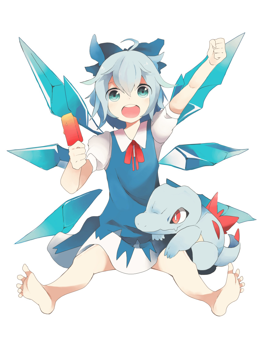1girl :d absurdres ahoge bare_legs blue_eyes blue_hair bow bowtie cirno commentary_request crossover food hair_bow hair_ribbon highres holding ice ice_wings looking_at_viewer open_mouth pokemon pokemon_(creature) popsicle raised_fist ribbon short_hair simple_background sitting smile totodile touhou white_background wings yamaarashi_(kakamiaku)