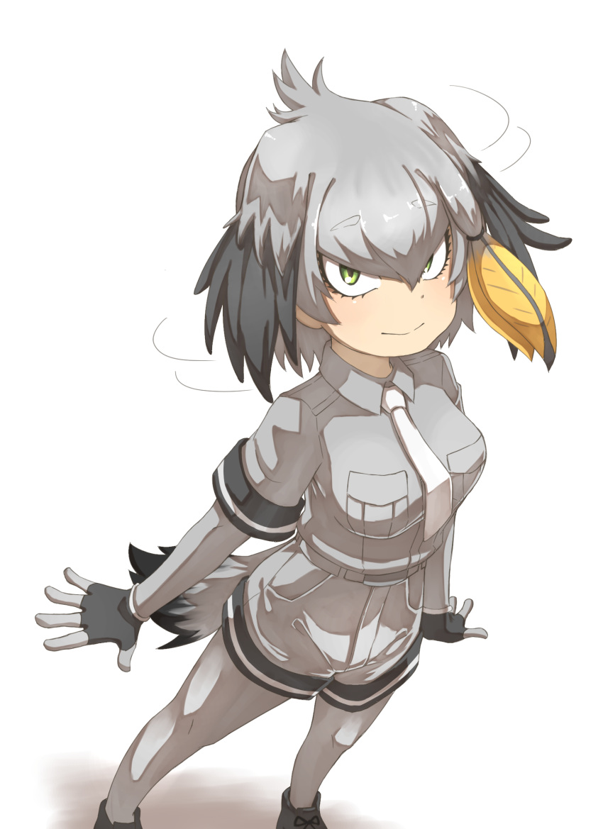 1girl arms_at_sides bangs belt bird_tail black_gloves black_hair bodystocking breast_pocket collared_shirt eyebrows_visible_through_hair fingerless_gloves from_above full_body gloves green_eyes grey_hair grey_necktie grey_shirt grey_shorts head_wings highres kemono_friends long_hair looking_at_viewer looking_up low_ponytail motion_lines multicolored_hair necktie orange_hair outstretched_arms pocket shaking_head shiny shiny_hair shirt shoebill_(kemono_friends) short_sleeves shorts side_ponytail simple_background smile solo standing tail tenya white_background wing_collar