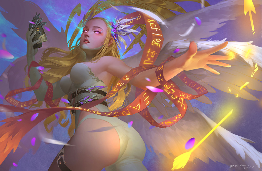 1girl angel_wings angewomon arrow artist_name ass belt belt_buckle breasts broken broken_weapon buckle cleavage cowboy_shot dated digimon dsl_art elbow_gloves feathers gloves glowing glowing_eyes hair_ornament holding long_hair looking_at_viewer magic multiple_wings open_mouth original parted_lips pink_eyes ribbon runes signature single_elbow_glove single_glove solo thigh_strap torn_clothes weapon wings