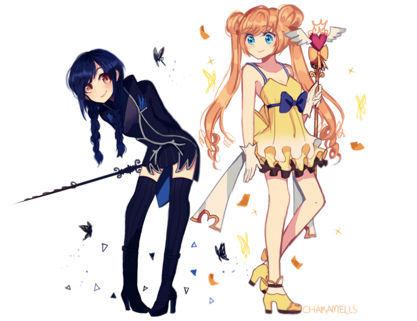 2girls artist_name black_hair black_legwear black_shoes blue_eyes braid brown_eyes brown_hair butterfly charamells dress elsword eye_contact gloves high_heels looking_at_another multiple_girls shoes smile standing sword twin_braids twintails wand weapon white_gloves yellow_dress yellow_shoes