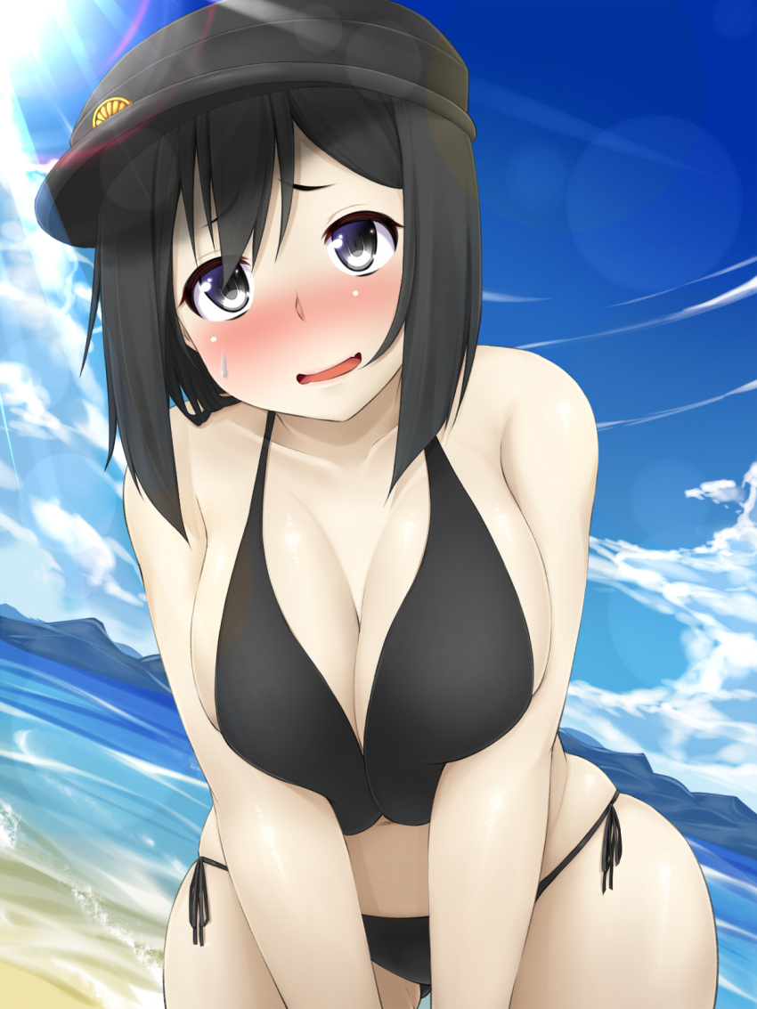1girl akitsu_maru_(kantai_collection) amau_(kosmos) bikini black_bikini black_eyes black_hair black_hat blush breasts cleavage clouds cowboy_shot curvy dutch_angle hat highres kantai_collection large_breasts leaning_forward lens_flare looking_at_viewer open_mouth peaked_cap short_hair side-tie_bikini sky solo sun swimsuit wide_hips