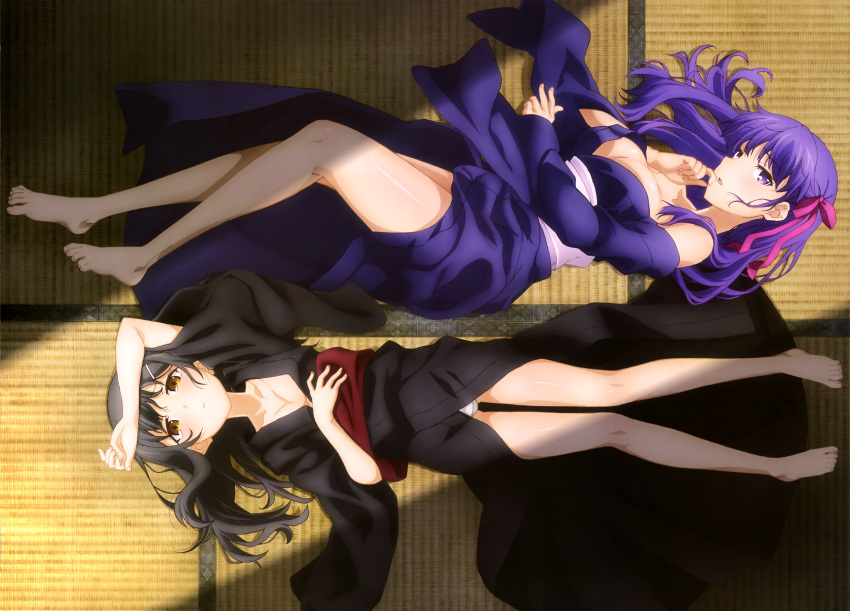 2girls absurdres arm_up artist_request bare_legs barefoot black_hair breasts brown_eyes cleavage eyebrows_visible_through_hair fate/kaleid_liner_prisma_illya fate_(series) full_body hair_ornament hair_ribbon hairclip hand_to_own_mouth highres japanese_clothes kimono large_breasts looking_at_viewer lying matou_sakura miyu_edelfelt multiple_girls obi off_shoulder on_back on_side open_clothes open_kimono panties parted_lips purple_hair ribbon sash small_breasts underwear violet_eyes white_panties yukata