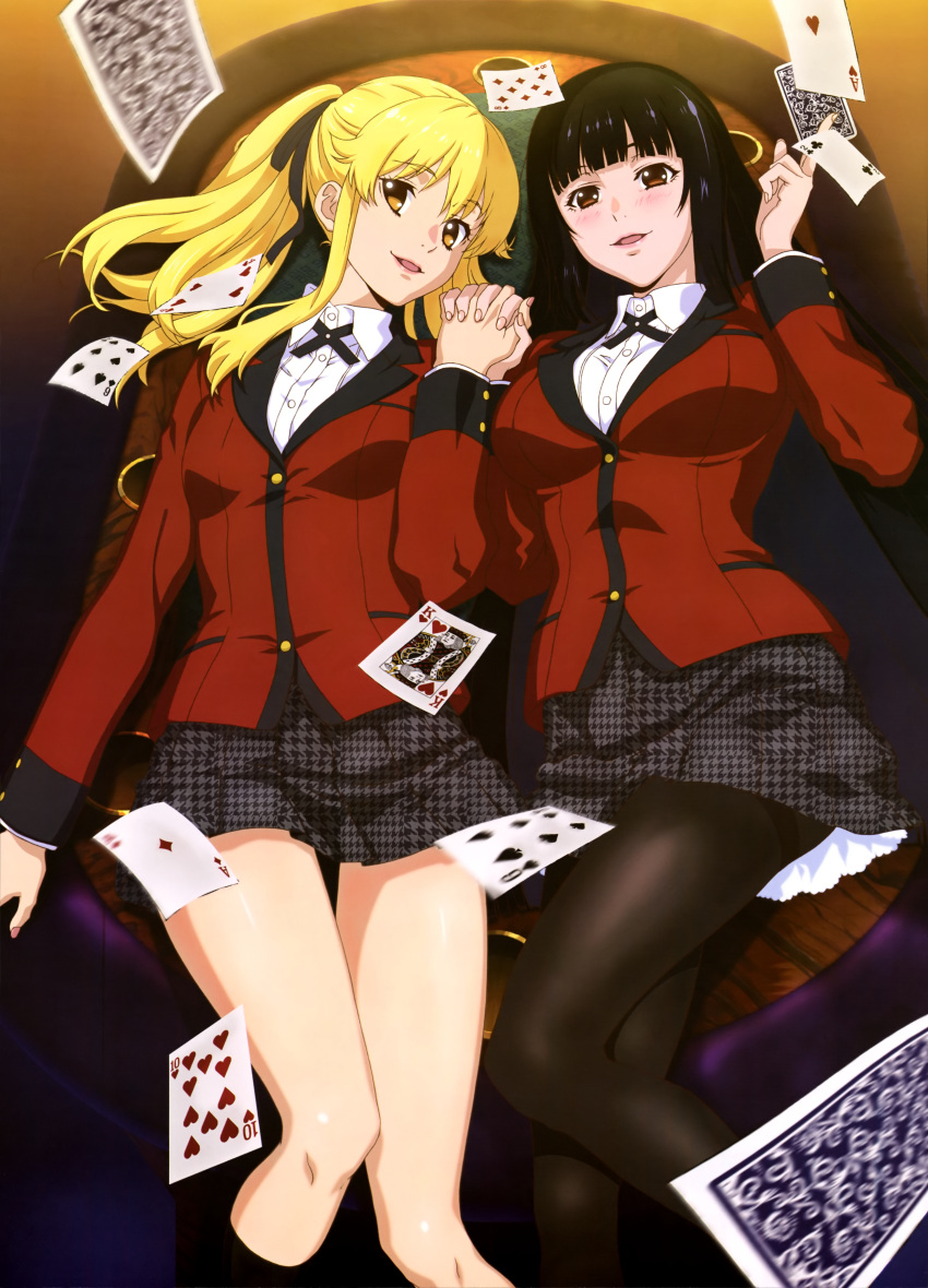 2girls :d absurdres arm_at_side artist_request bare_legs black_hair black_legwear black_pantyhose black_ribbon blonde_hair blush breasts brown_eyes card depth_of_field eyebrows_visible_through_hair female grey_skirt hair_ribbon hand_holding hand_up hands hands_up highres hime_cut interlocked_fingers jabami_yumeko kakegurui kneehighs large_breasts legs lips long_hair long_sleeves looking_at_viewer lying multiple_girls mutual_yuri neck nyantype official_art on_back open_mouth pantyhose pleated_skirt poker poker_card red_clothes red_eyes red_school_uniform red_suit ribbon saotome_maari saotome_mary saotome_meari school_uniform side-by-side skirt small_breasts smile suit_jacket twintails very_long_hair yuri