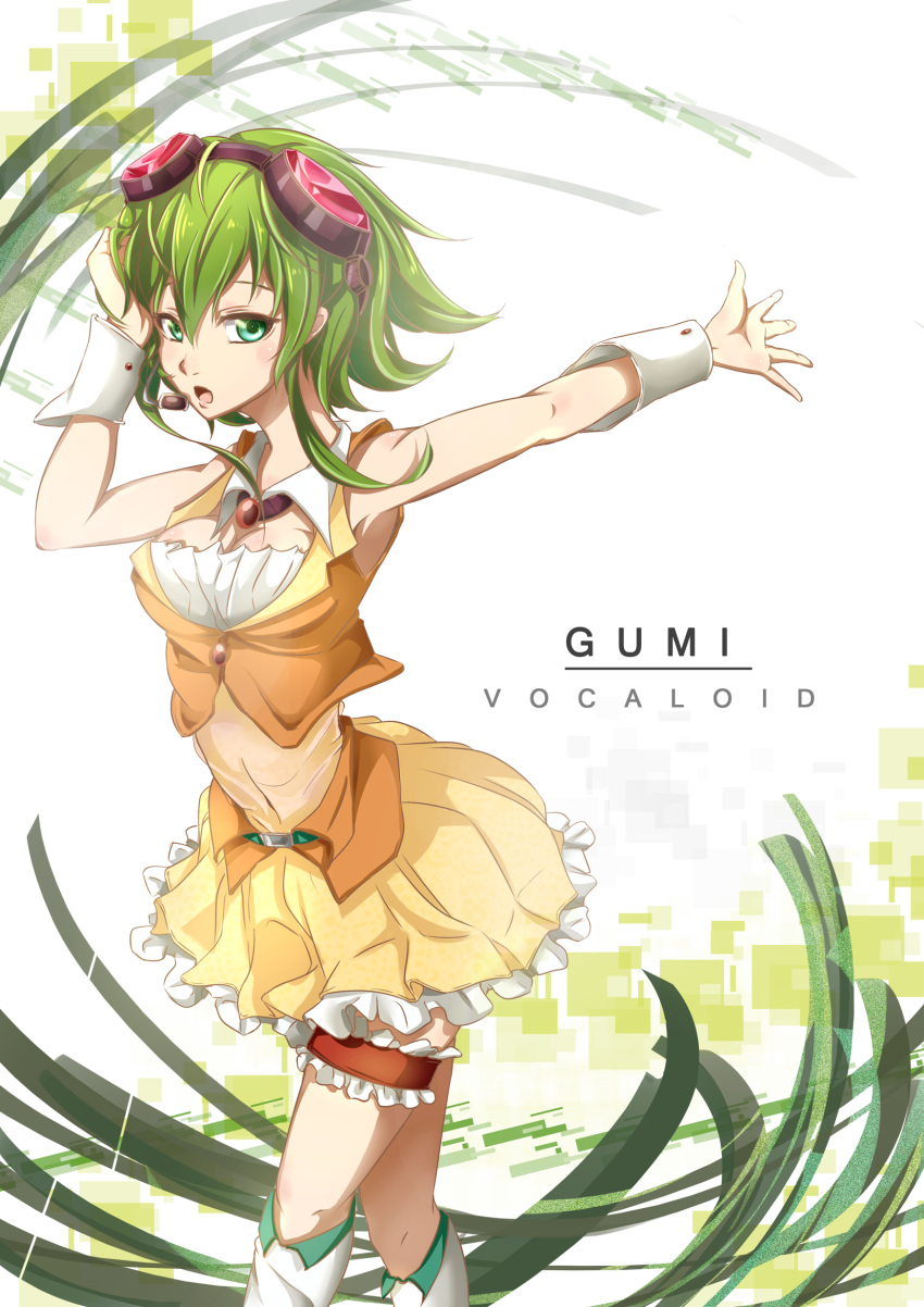 1girl amei_(a6872554) bare_shoulders blush boots breasts cleavage goggles goggles_on_head green_eyes green_hair gumi highres knee_boots looking_at_viewer medium_breasts parted_lips short_hair solo standing vocaloid white_boots