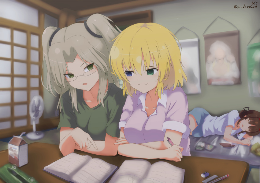 3girls absurdres bangs bedroom blonde_hair blue_eyes blush book breasts brown_hair closed_mouth collarbone electric_fan furiruno glasses green_eyes green_shirt grey_hair heterochromia highres imu_(senran_kagura) indoors looking_at_another lying medium_breasts milk_carton multiple_girls on_side open_book pajamas parted_lips pen poster_(object) rimless_glasses ryoubi_(senran_kagura) ryouna_(senran_kagura) senran_kagura senran_kagura_(series) senran_kagura_shinovi_versus shirt short_sleeves shorts sitting sleeping smile studying twintails white_shirt