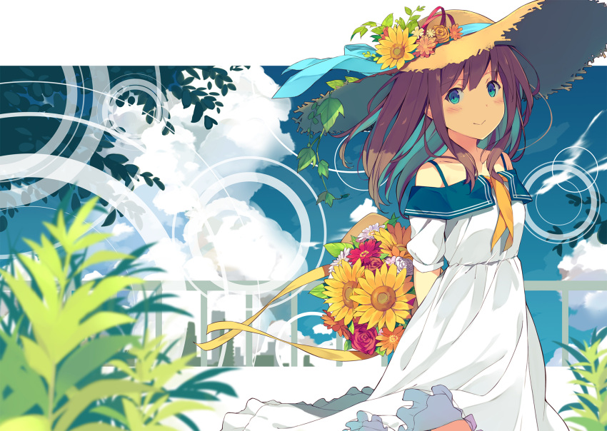 1girl :&gt; blue_bow blue_eyes blue_ribbon blush bouquet bow brown_hair closed_mouth dress eyebrows_visible_through_hair flower hat highres holding holding_bouquet looking_at_viewer medium_hair original ribbon smile solo straw_hat summer sunflower sutorora white_dress