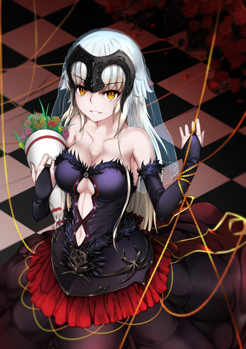 1girl blonde_hair blush bouquet breasts cleavage collarbone eyebrows_visible_through_hair fate/grand_order fate_(series) flower headpiece highres holding holding_bouquet jeanne_alter kagura_ren large_breasts long_hair looking_at_viewer navel parted_lips ruler_(fate/apocrypha) smile solo yellow_eyes