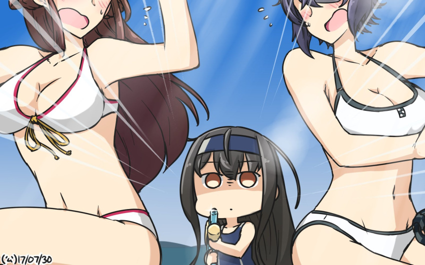3girls bikini black_hair blush breasts brown_eyes brown_hair commentary_request dated emphasis_lines empty_eyes front-tie_bikini front-tie_top hamu_koutarou hatsushimo_(kantai_collection) headband highres kantai_collection kongou_(kantai_collection) long_hair multiple_girls navel one-piece_swimsuit out_of_frame purple_hair shaded_face short_hair swimsuit tenryuu_(kantai_collection) water_gun white_bikini