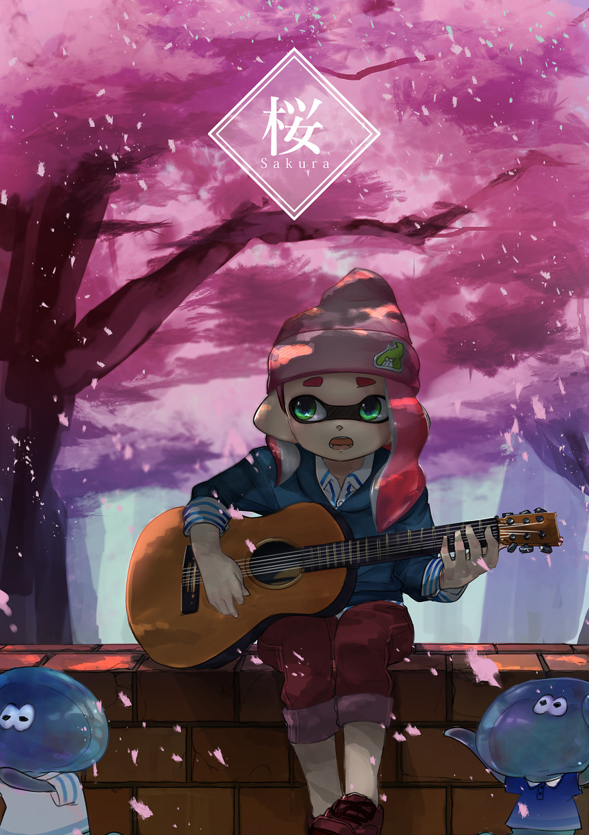 1girl beanie blue_shirt blue_sweater brick_wall casual cherry_blossoms collared_shirt cross-laced_footwear domino_mask fangs green_eyes guitar hat highres holding holding_instrument inkling instrument jellyfish_(splatoon) kanji kashu_(hizake) layered_clothing logo long_hair mask open_mouth pants pink_hair pink_hat pointy_ears red_pants red_shoes romaji shirt shoes sitting sleeves_rolled_up sneakers solo splatoon splatoon_2 striped striped_shirt sweater tentacle_hair tree