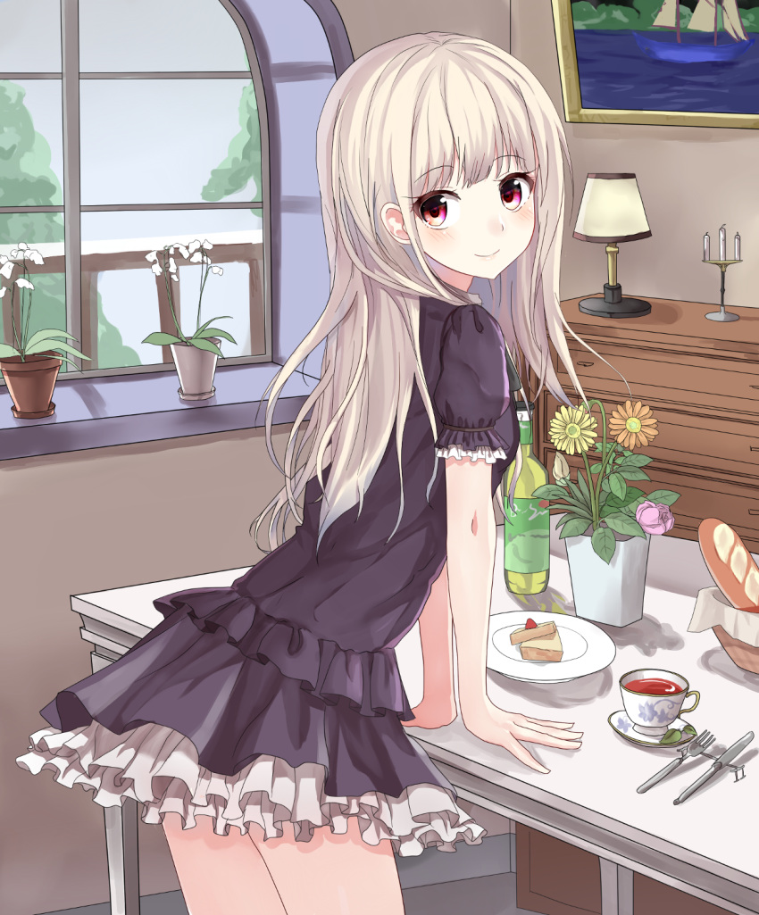 1girl baguette blush bottle bread candle candlestand closed_mouth cup eyebrows_visible_through_hair food fork highres kattse knife long_hair looking_at_viewer original pink_eyes plant plate potted_plant silver_hair smile solo table tea teacup