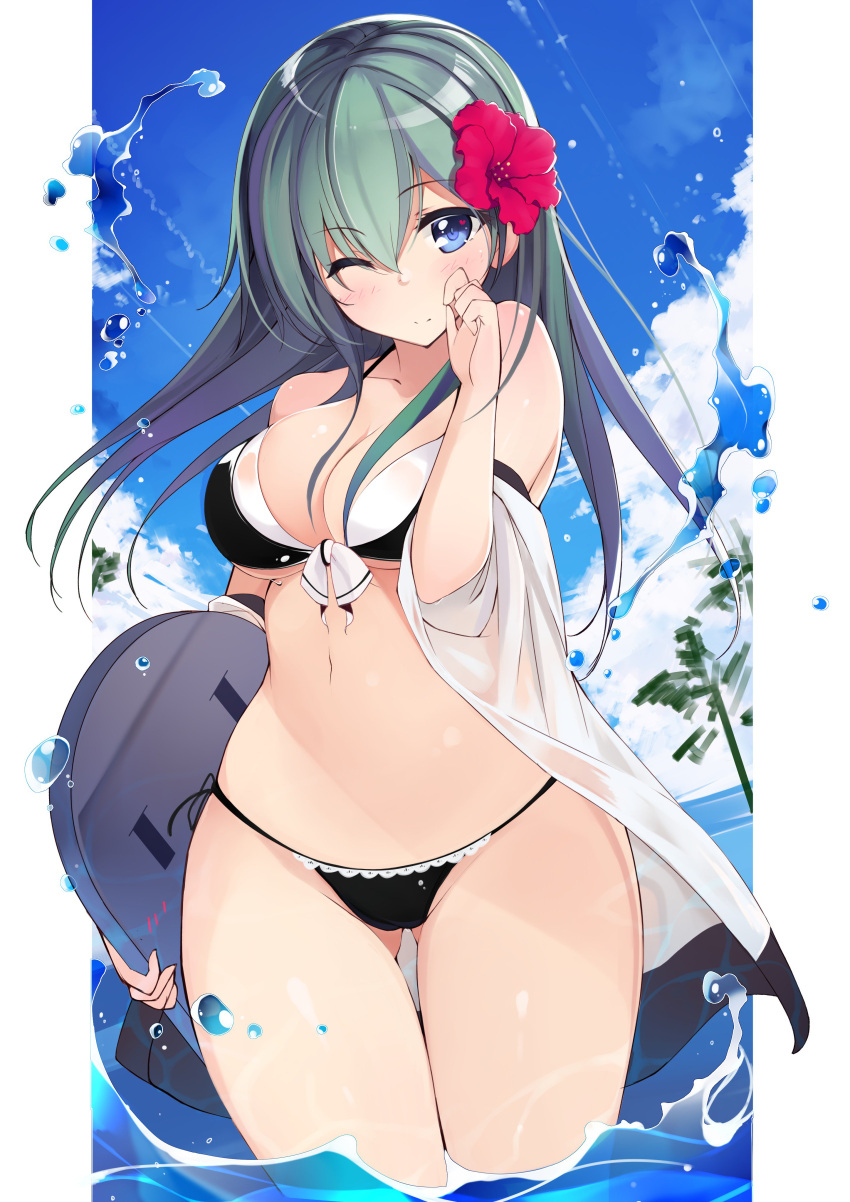 absurdres bare_shoulders bikini black_bikini blue_eyes blue_sky breasts cleavage closed_mouth clouds cloudy_sky day dutch_angle error eyebrows_visible_through_hair flower front-tie_bikini front-tie_top gluteal_fold green_hair hair_flower hair_ornament hand_to_own_mouth hibiscus highres kantai_collection kickboard medium_breasts navel netarou off_shoulder one_eye_closed outdoors side-tie_bikini sky suzuya_(kantai_collection) swimsuit thighs wading water_drop wide_hips