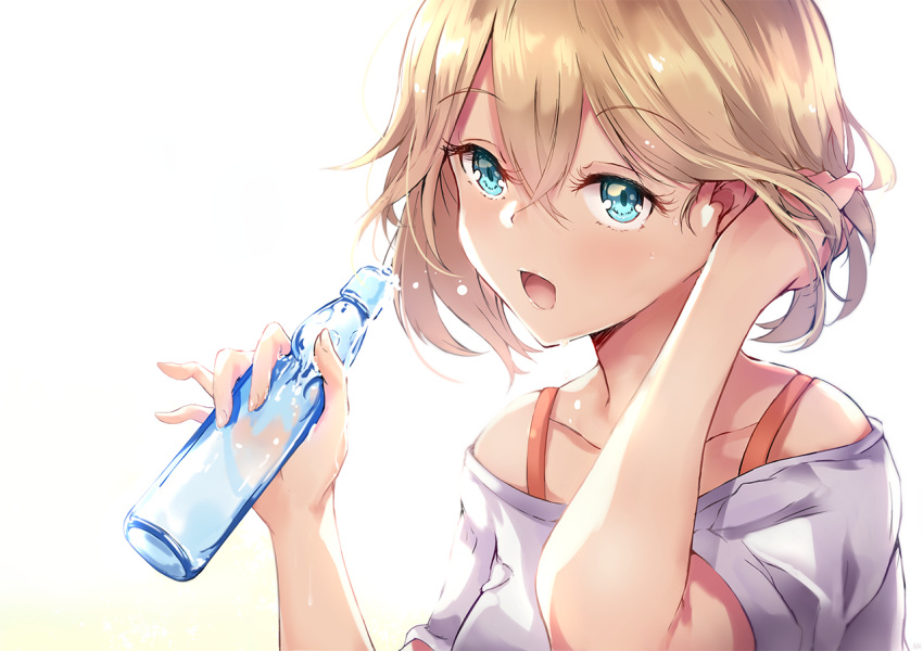1girl :d bangs bare_shoulders blonde_hair blue_eyes bottle collarbone eyebrows_visible_through_hair eyelashes fingernails hair_between_eyes hair_tousle hand_in_hair hands_up holding holding_bottle long_fingernails looking_at_viewer nakatokung off-shoulder_shirt open_mouth original shirt short_hair short_sleeves simple_background smile solo spaghetti_strap sweatdrop upper_body water_bottle white_background white_shirt