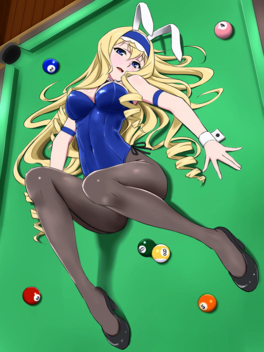 1girl absurdres animal_ears armband ball billiards black_shoes blonde_hair blue_eyes blue_leotard bunny_girl bunny_tail bunnysuit cecilia_alcott detached_collar dutch_angle highres infinite_stratos leotard looking_at_viewer lying pantyhose rabbit_ears shingyo shoes solo strapless strapless_leotard tail wrist_cuffs