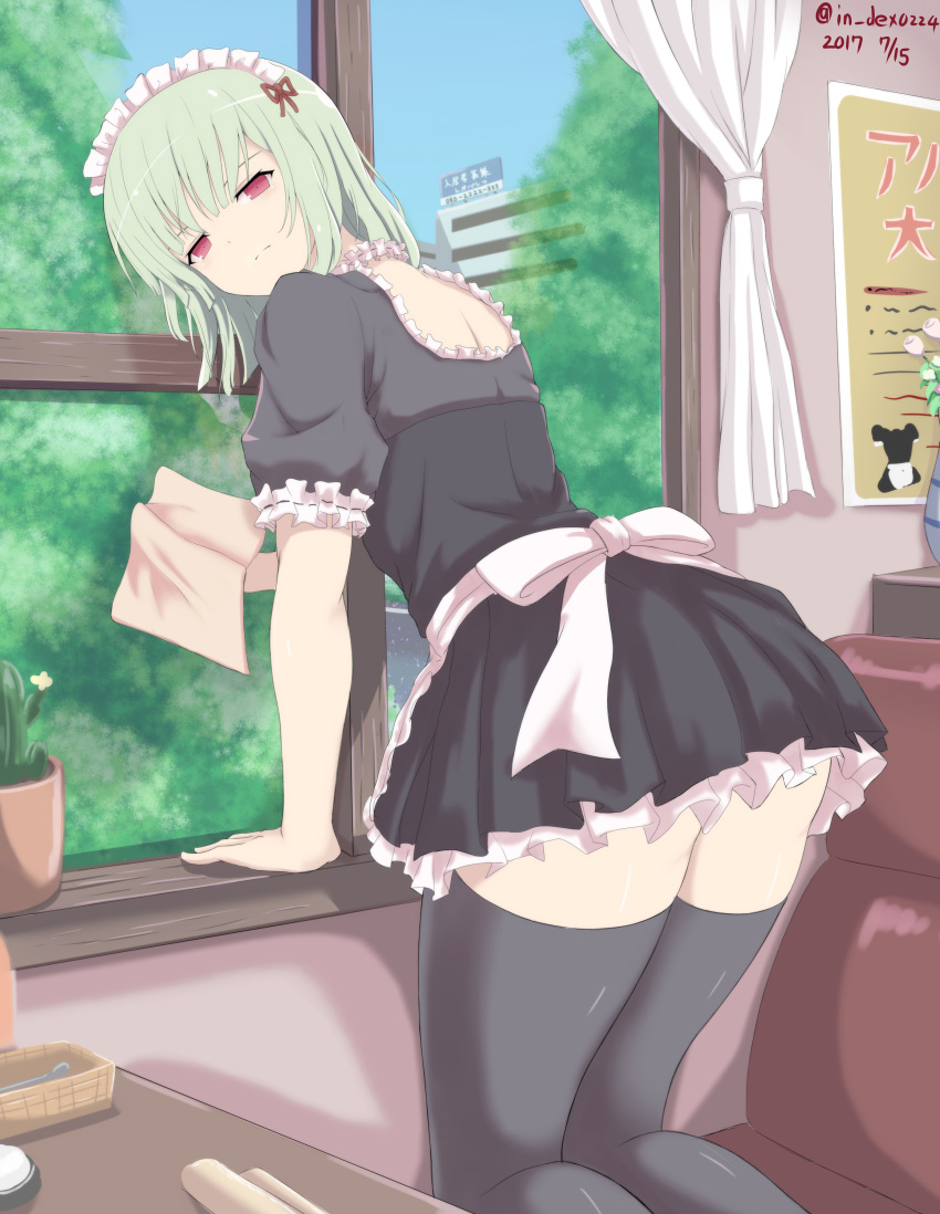1girl absurdres alternate_costume apron bangs bent_over black_dress black_legwear blunt_bangs breasts cleaning_windows closed_mouth dress enmaided expressionless from_side furiruno green_hair highres indoors kneehighs large_breasts looking_at_viewer looking_to_the_side maid maid_headdress naraku_(senran_kagura) plant potted_plant senran_kagura senran_kagura_(series) short_hair solo thigh-highs violet_eyes waist_apron