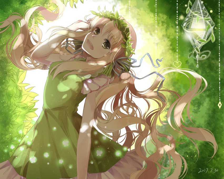 1girl :d bow butterfly crystal dated dress greeb_bow green green_dress green_eyes hair_bow hand_up head_wreath highres light_brown_hair looking_at_viewer open_mouth original outstretched_hand smile solo twintails xingxue