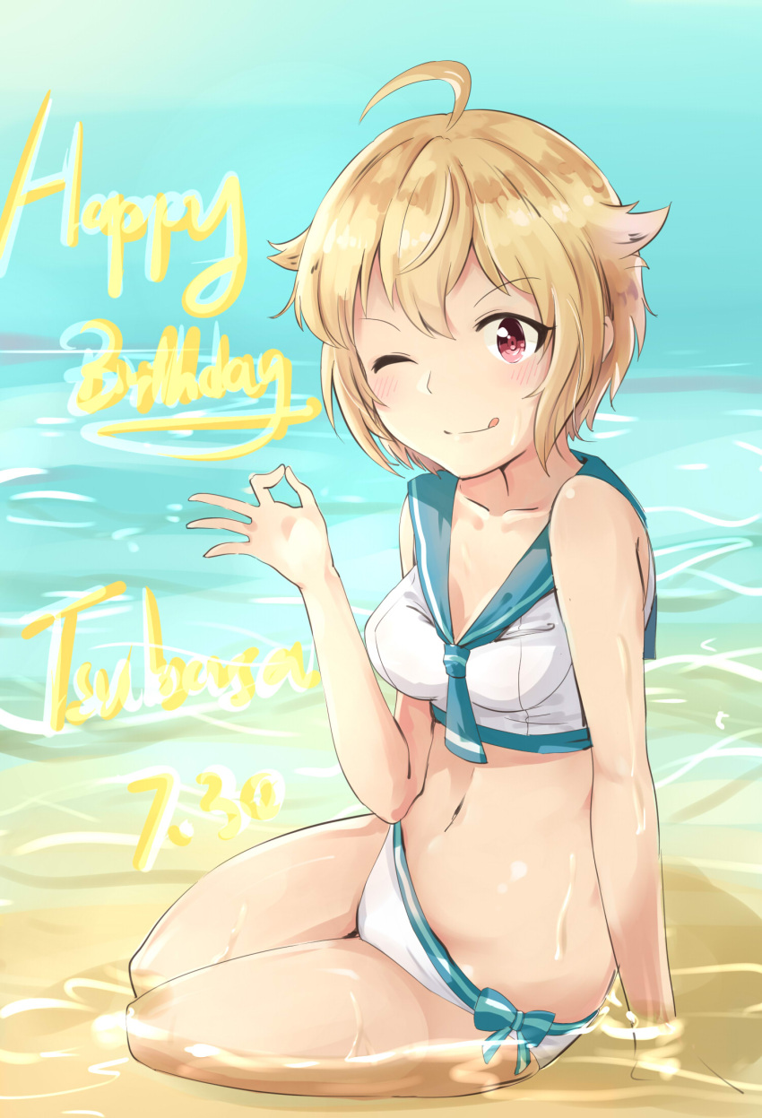 1girl ahoge bare_shoulders blonde_hair blush breasts character_name cleavage closed_mouth collarbone dated eyebrows_visible_through_hair full_body happy_birthday highres ibuki_tsubasa idolmaster idolmaster_million_live! kyouki_no_d-kun looking_at_viewer medium_breasts navel one_eye_closed red_eyes sailor_swimsuit_(idolmaster) short_hair sitting smile solo tongue tongue_out