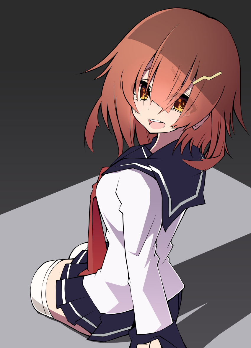 1girl absurdres amputee black_sailor_collar black_skirt brown_eyes brown_hair crying crying_with_eyes_open highres ikazuchi_(kantai_collection) kantai_collection long_sleeves neckerchief open_mouth pleated_skirt red_neckerchief sailor_collar sakakiba_misogi school_uniform serafuku short_hair skirt solo tears