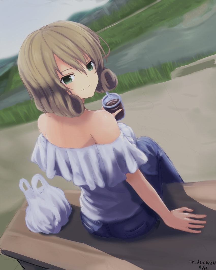 1girl absurdres alternate_costume arm_support bag bare_shoulders closed_mouth cola denim from_above from_behind furiruno green_eyes haruka_(senran_kagura) highres light_brown_hair looking_at_viewer looking_back off-shoulder_shirt outdoors plastic_bag plastic_cup river senran_kagura senran_kagura_(series) shirt short_hair smile soda solo