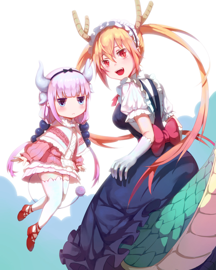 2girls :&lt; blue_eyes blush breasts closed_mouth dragon_tail elbow_gloves gloves highres horns kanna_kamui kobayashi-san_chi_no_maidragon large_breasts long_hair looking_at_viewer maid maid_headdress multiple_girls open_mouth orange_hair purple_hair red_eyes smile tail tooru_(maidragon) twintails white_gloves white_legwear zema_haru