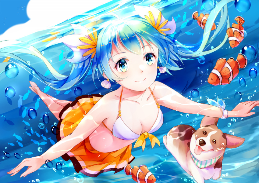 1girl air_bubble amicis_(amisic) aqua_eyes aqua_hair bangs barefoot bikini_top blue_hair bracelet bubble clownfish diving dog dutch_angle earrings fish floating_hair freediving full_body hatsune_miku jewelry long_hair ocean orange_skirt outstretched_arms pleated_skirt shell_earrings skirt smile spread_arms submerged swimming tongue tongue_out twintails underwater vocaloid welsh_corgi white_bikini_top wristband