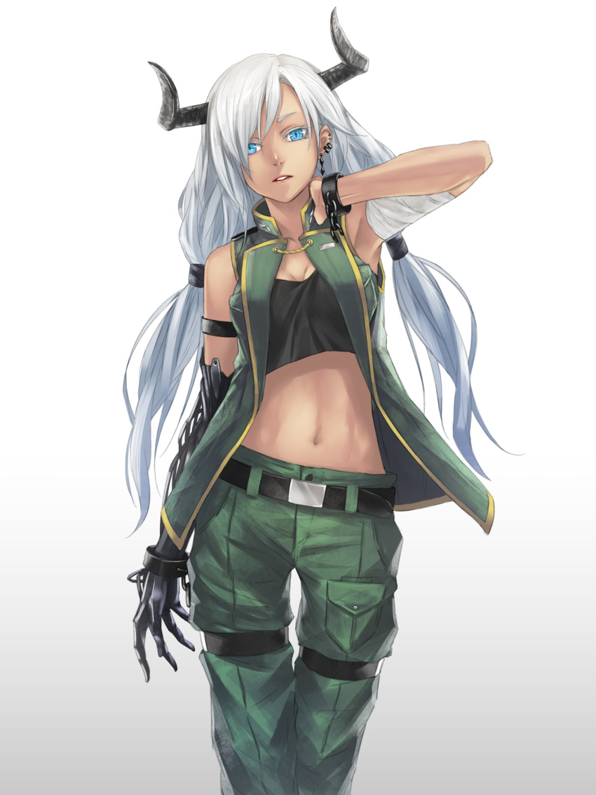 1girl bandage bandaged_arm belt blue_eyes breasts broken broken_chain chains commentary_request cowboy_shot cuffs ear_piercing earrings gradient gradient_background green_jacket green_pants grey_background hand_on_own_neck highres horns jacket jewelry long_hair looking_at_viewer low_twintails mechanical_arm mechanical_hand medium_breasts midriff navel open_clothes open_jacket open_mouth original pants piercing shackles silver_hair slit_pupils solo standing sugi_214 tank_top twintails white_background