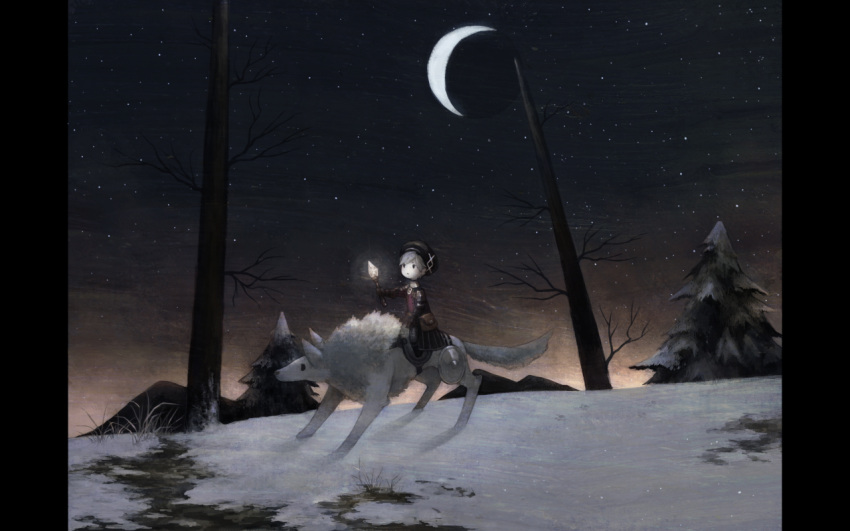 1boy animal bare_tree belt_pouch beret character_request commentary_request crescent_moon crystal dragon_nest expressionless fir_tree grass grey_hair gu_(goodnight) hat holding male_focus moon night outdoors pillarboxed riding shield sky snow solo star_(sky) starry_sky tree winter wolf